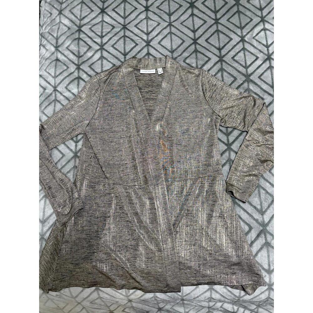 Susan Graver Gold Shimmer Heathered Foil Long Sleeve Light Open Cardigan Small
